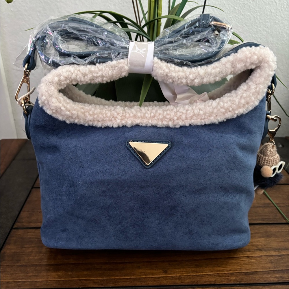 Blue Suede Women's Bag with Gold Accent